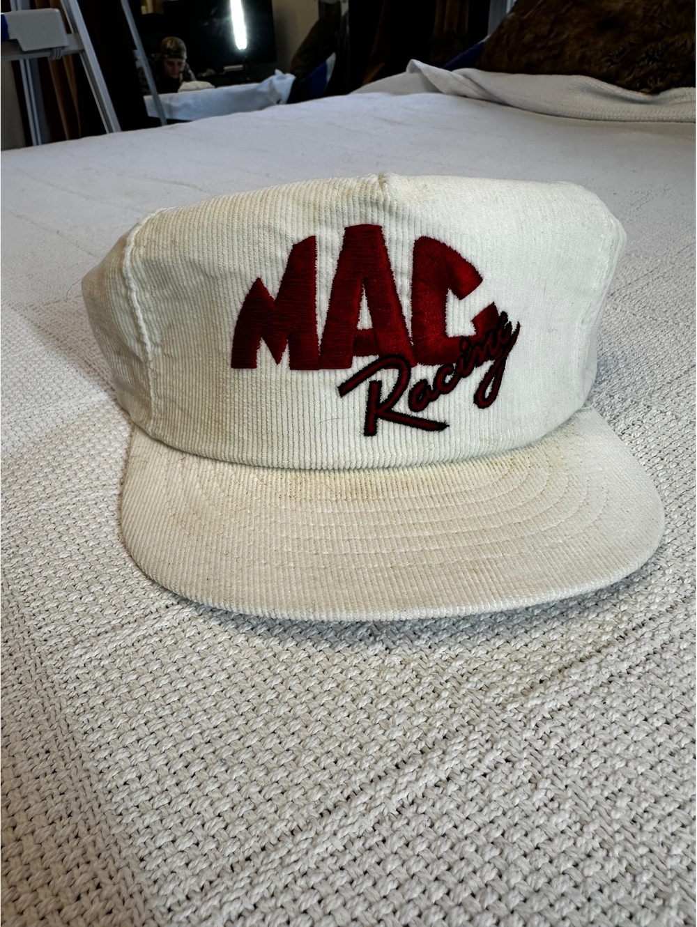 Vintage MAC Racing White Corduroy Snapback Hat